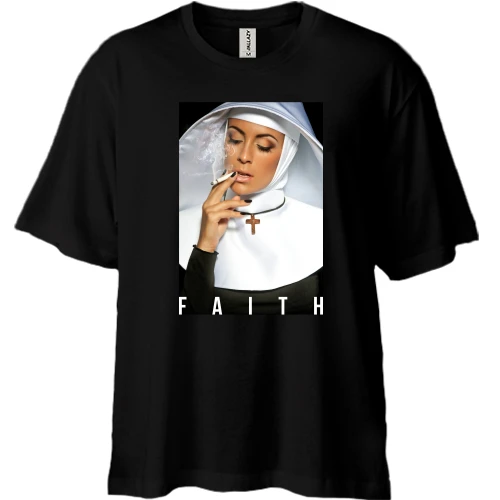 Футболка двунитка Oversize, Черный, с монашкой FAITH