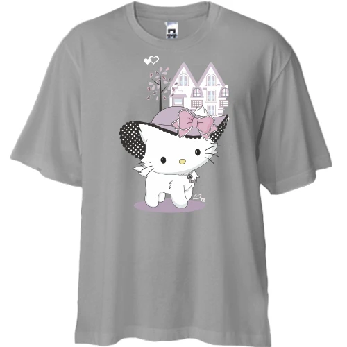 Футболка двонитка Oversize, Сірий, hello kitty в капелюсі