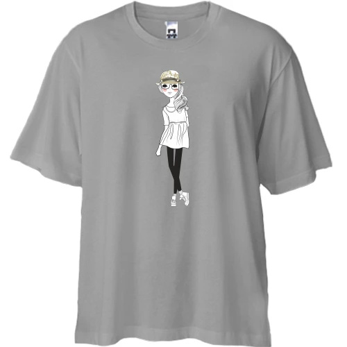 Футболка двунитка Oversize, Серый, с девушкой в шляпе и очках