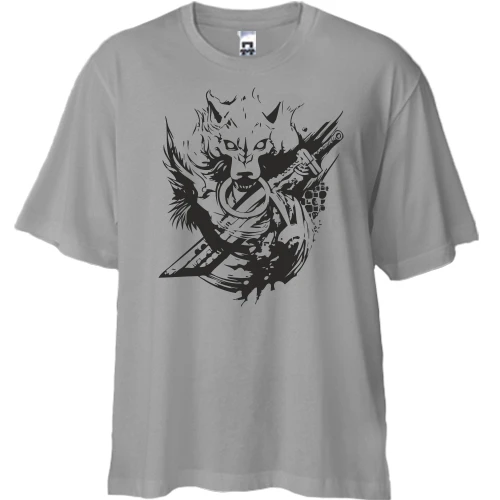 Футболка двунитка Oversize, Серый, с волком и мечом