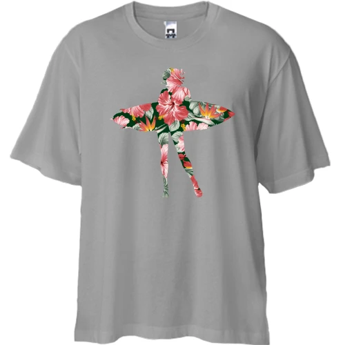 Футболка двунитка Oversize, Серый, с цветами и серфингом