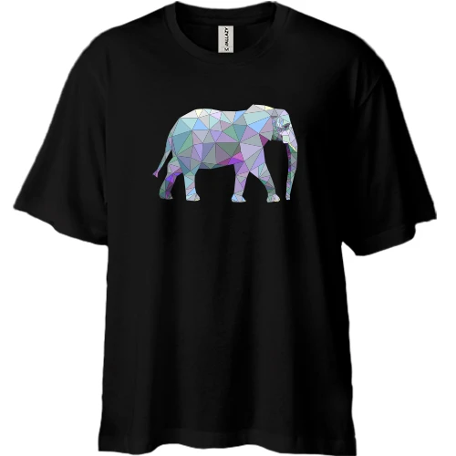 Футболка двунитка Oversize, Черный, со слоном в стиле low poly
