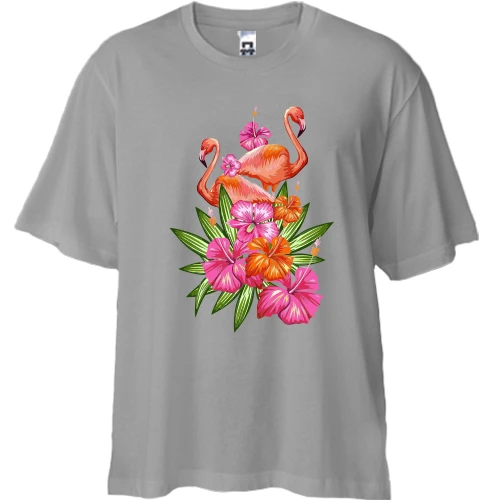 Футболка двунитка Oversize, Черный, с фламинго в цветах