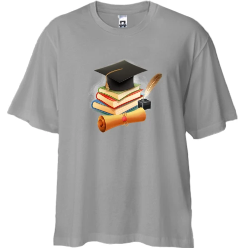 Футболка двунитка Oversize, Серый, c книгами и пером "студент"