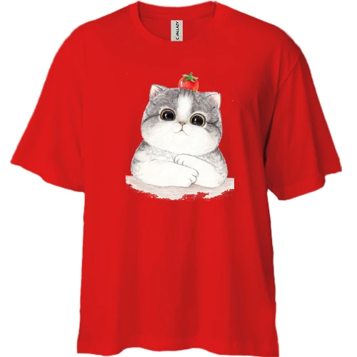 Футболка двунитка Oversize, Красный, с котиком (помидор на голове)