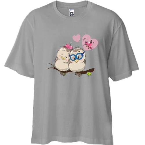 Футболка двунитка Oversize с двумя птичками на ветке