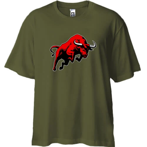 Футболка двунитка Oversize, Хаки, с красным быком