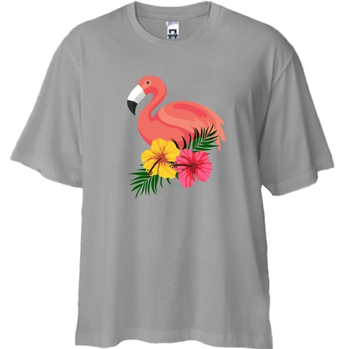 Футболка двунитка Oversize, Серый, с цветами и фламинго