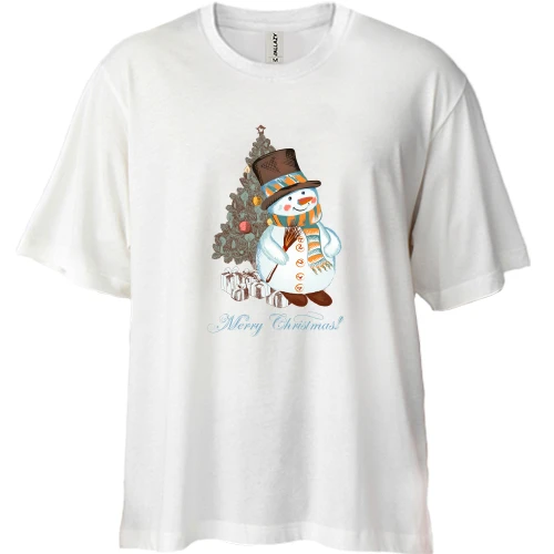 Футболка двунитка Oversize, Белый, со снеговиком "Merry Christmas!"
