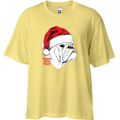 Футболка двонитка Oversize, Жовтий, з бульдогом в шапці "happy new year!"
