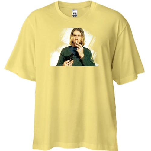 Футболка двунитка Oversize, Желтый, с Куртом Кобейном и пистолетом