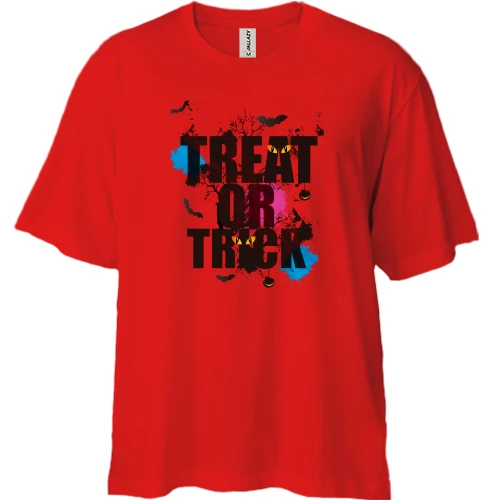 Футболка двонитка Oversize, Червоний, з написом "treat or trick"