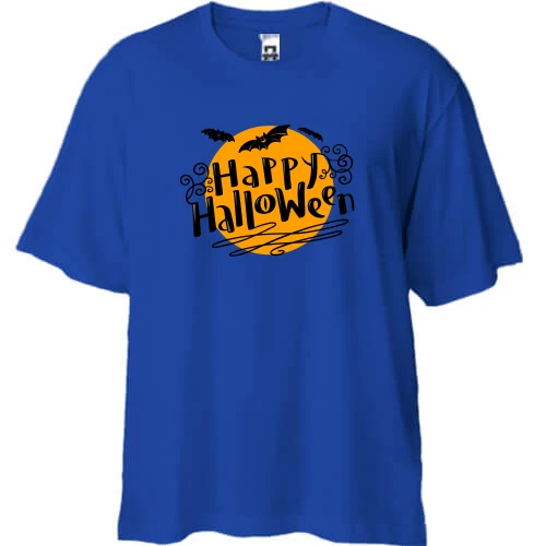 Футболка двунитка Oversize, Синий, с луной "Happy Halloween"