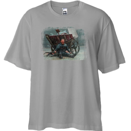 Футболка двунитка Oversize, Серый, с Иваром возле телеги