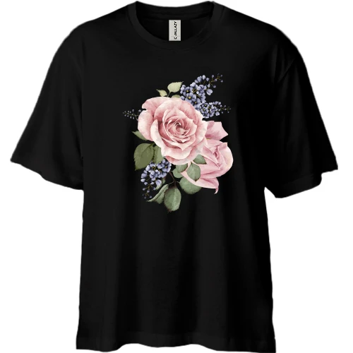 Футболка двунитка Oversize, Черный, с цветками розы и сирени