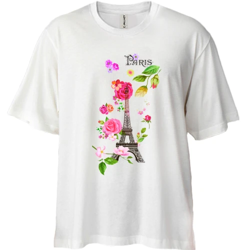 Футболка двунитка Oversize, Белый, с Эйфелевой башней и цветами "Paris"