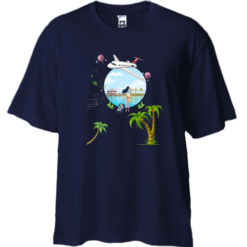 Футболка двунитка Oversize, Синий, с девушкой и самолётом