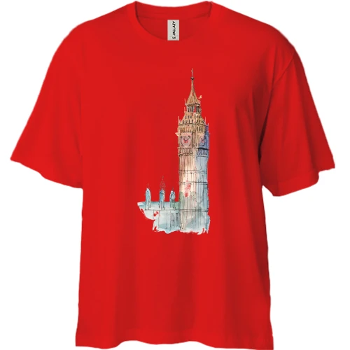 Футболка двунитка Oversize, Красный, с достопримечательностями Лондона