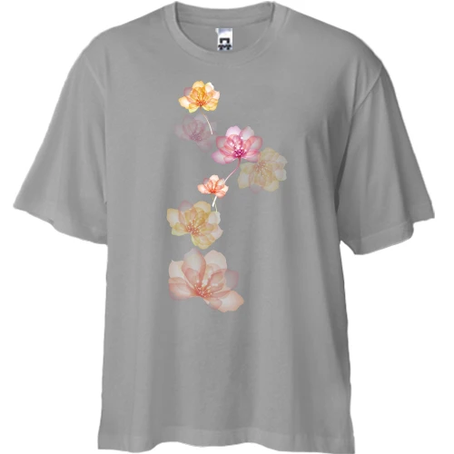 Футболка двунитка Oversize, Серый, с прозрачными цветами