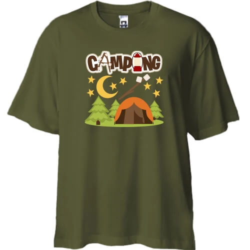 Футболка двунитка Oversize, Черный, с палаткой на природе "camping"