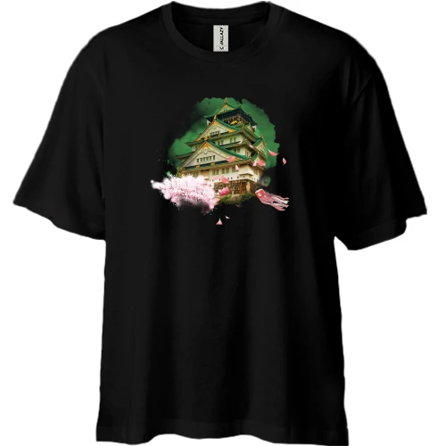 Футболка двонитка Oversize, Чорний, з будинком в японському стилі і сакурою