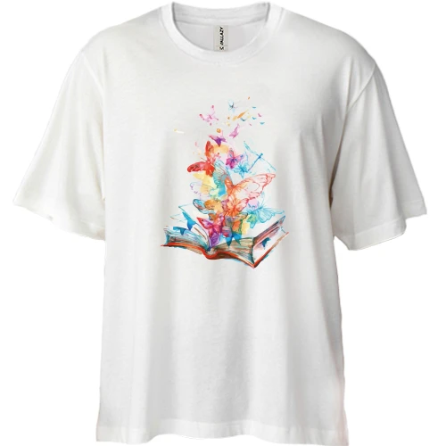 Футболка двунитка Oversize, Белый, c книгой и бабочками