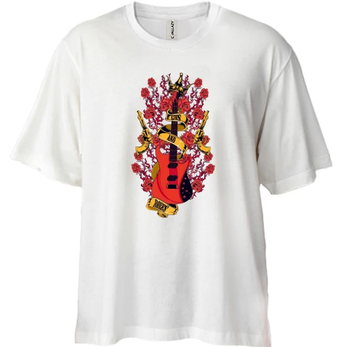 Футболка двунитка Oversize, Белый, с гитарой и пистолетами "guns & roses"