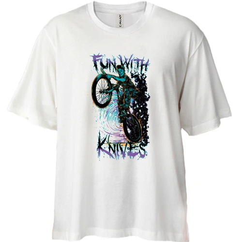 Футболка двунитка Oversize со скелетом на байке "fun with knives"