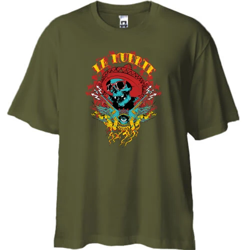 Футболка двунитка Oversize, Хаки, с черепом в самбреро "La muerte"