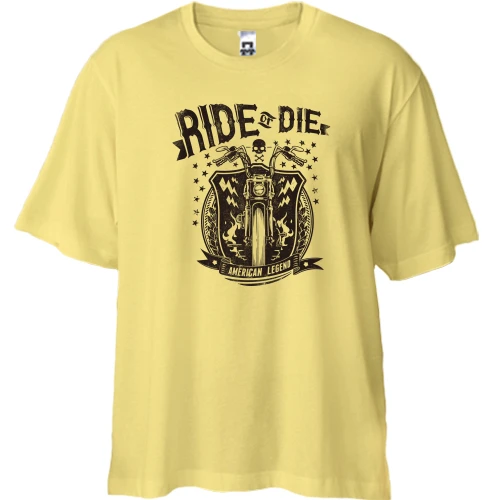 Футболка двонитка Oversize, Жовтий, з мотоциклом "ride or die"