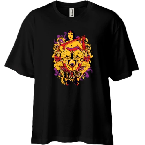 Футболка двунитка Oversize, Черный, с девушкой "Sinful"