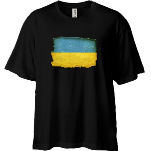 Футболка двунитка Oversize, Черный, с потрёпанным флагом