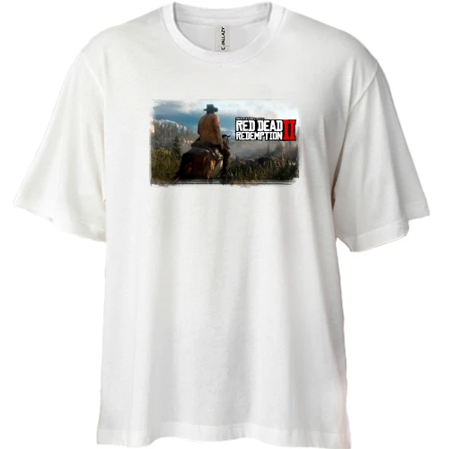 Футболка двунитка Oversize, Белый, Red Dead Redemption 2 с пейзажем и логотипом