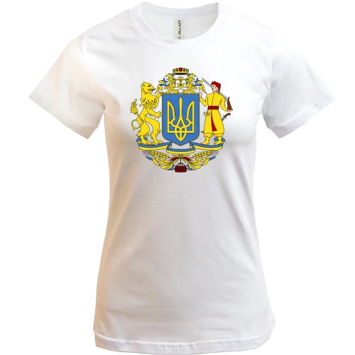 Женская футболка, Белый, с большим гербом Украины, львом и казаком