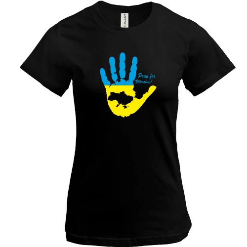 Женская футболка, черный, с фразой «Pray for Ukraine», ладонью и картой