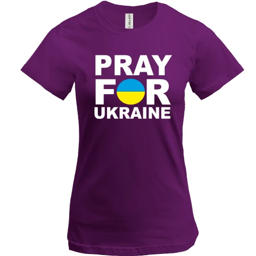 Женская футболка, Фиолетовый, с надписью «Pray for Ukraine» в сине-жёлтом круге