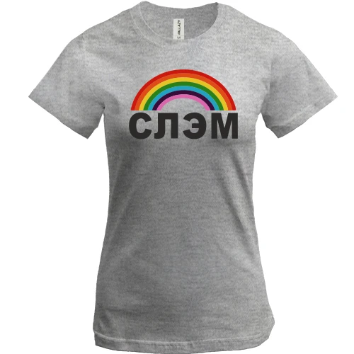 Женская футболка, Серый меланж, с надписью "СЛЭМ"