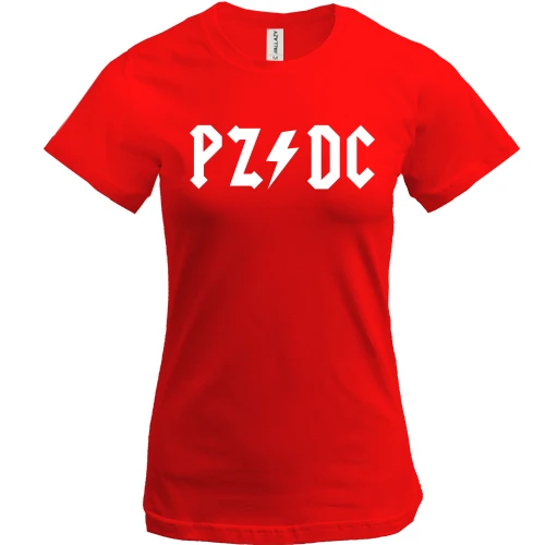 Жіноча футболка, Червоний, з надписом "PZ DC" (AC DC)