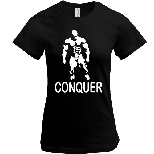 Женская футболка, Черный, с бодибилдером и надписью «Conquer»
