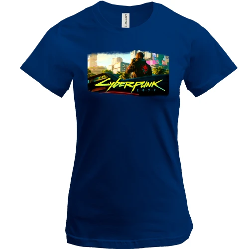 Женская футболка, Синий, с главным героем игры Cyberpunk 2077