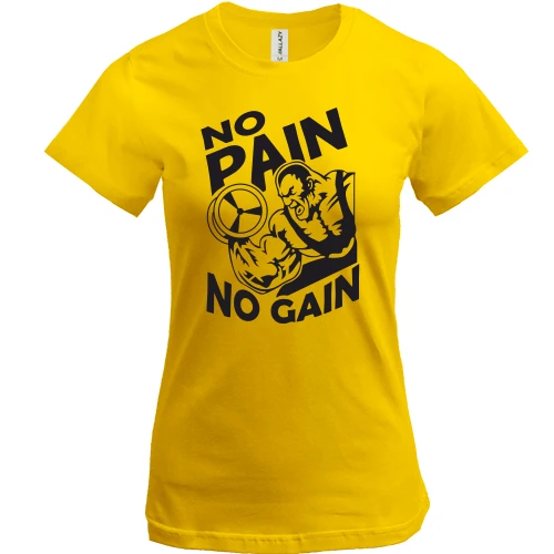 Жіноча футболка, Жовтий, з бодібілдером «No pain no gain»