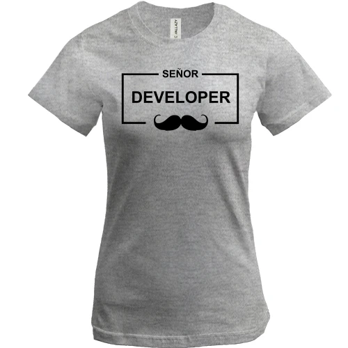 Женская футболка, Серый меланж, с надписью "Senior Developer"