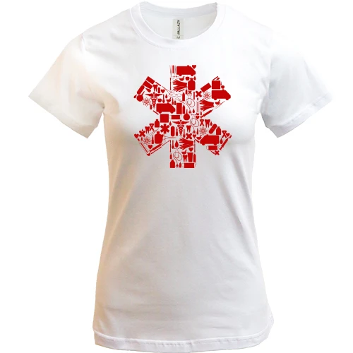 Женская футболка, Белый, с медицинской звездой и иконками