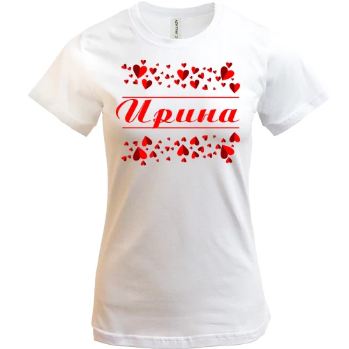 Женская футболка с именем «Ирина» и россыпью красных сердечек
