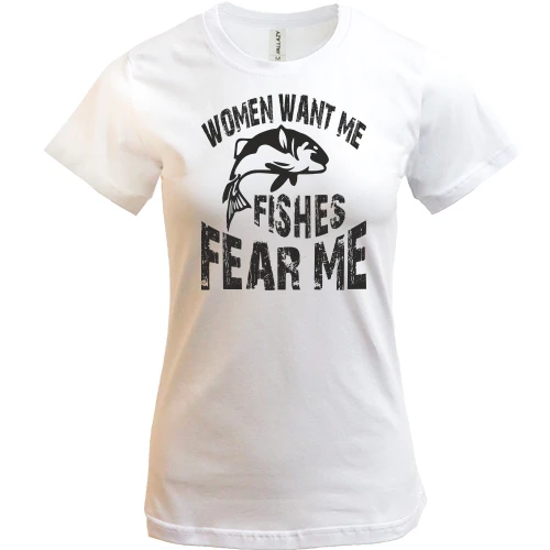 Женская футболка, Синий, Women want me Fish fear me