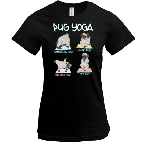 Женская футболка, Черный, Pug Yoga Мопс Йога