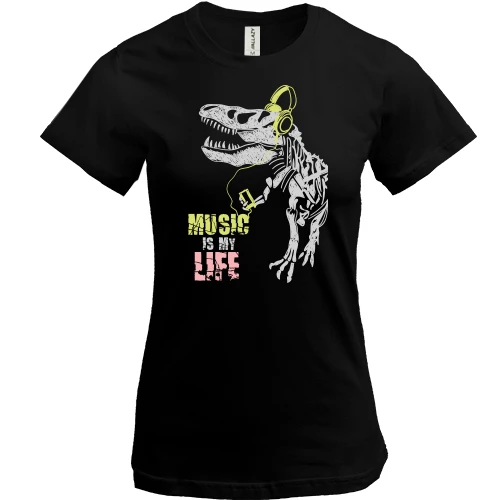 Женская футболка, Черный, Music is my life Динозавр