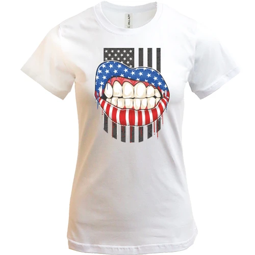Женская футболка, Белый, American lips Американский флаг Губы