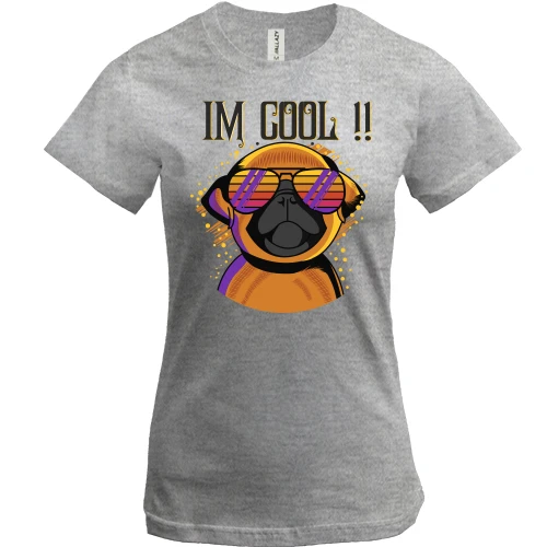Женская футболка, Серый меланж, с мопсом и надписью "I'm cool"