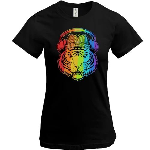 Женская футболка, Черный, Rainbow Tiger